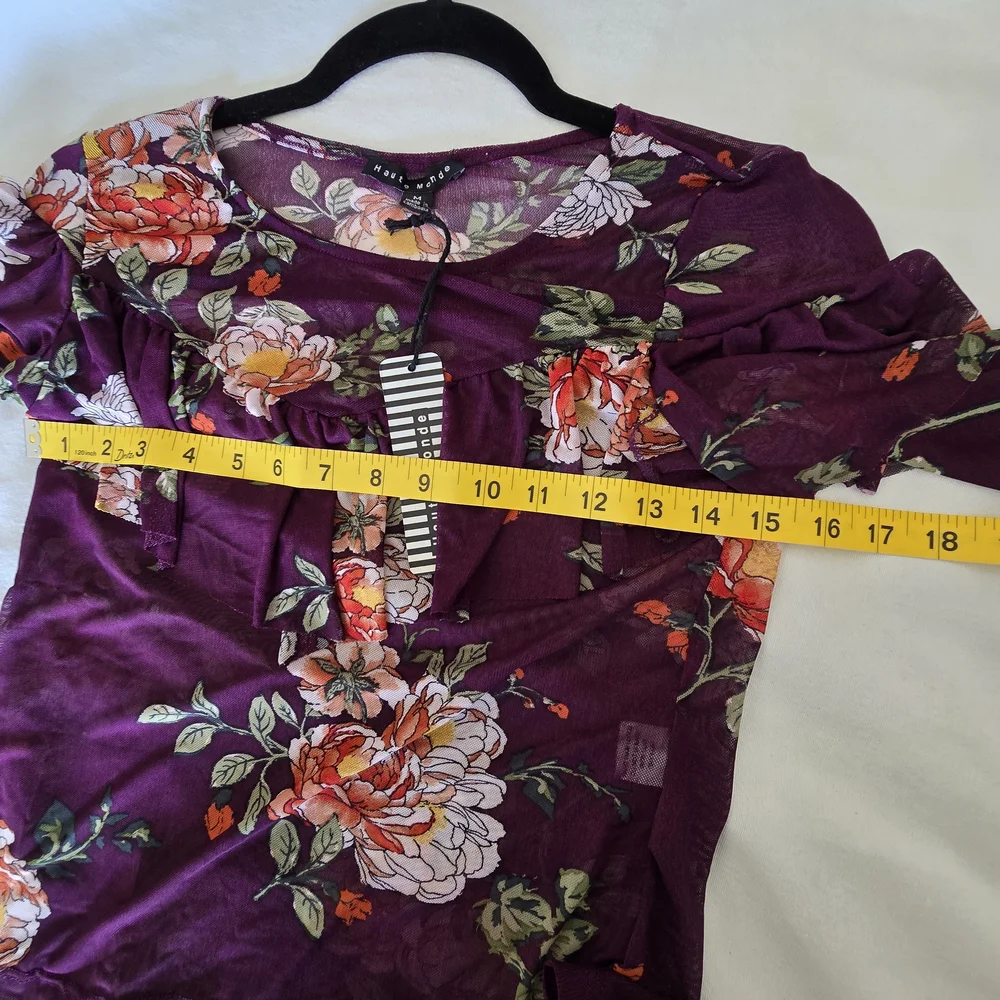 NWT Haute Monde Sheer Floral Blouse Top M Purple Romantic Ruffle Lightweight - Picture 8 of 10